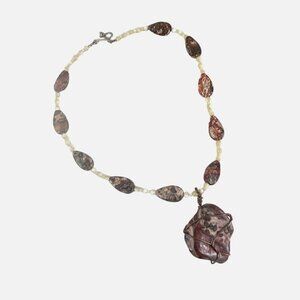 Handcrafted Leopard Skin Jasper & Pearl Necklace With Copper Wire Wrap Pendant